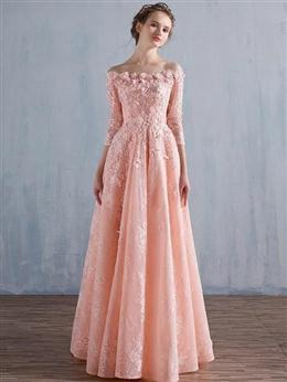 Picture of Pink Lace 1-2 Sleeves Off Shoulder Elegant Formal Dresses, Long Floor Length Party Dresses